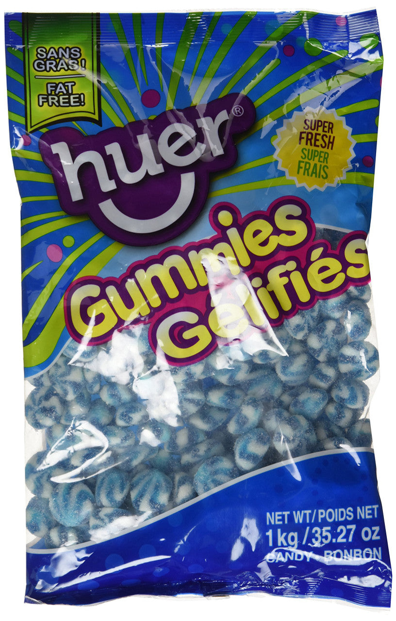 Huer Small Swirls-Sour Blue Raspberry Gummy Candy 1kg/2.2lb Bag {Imported from Canada}