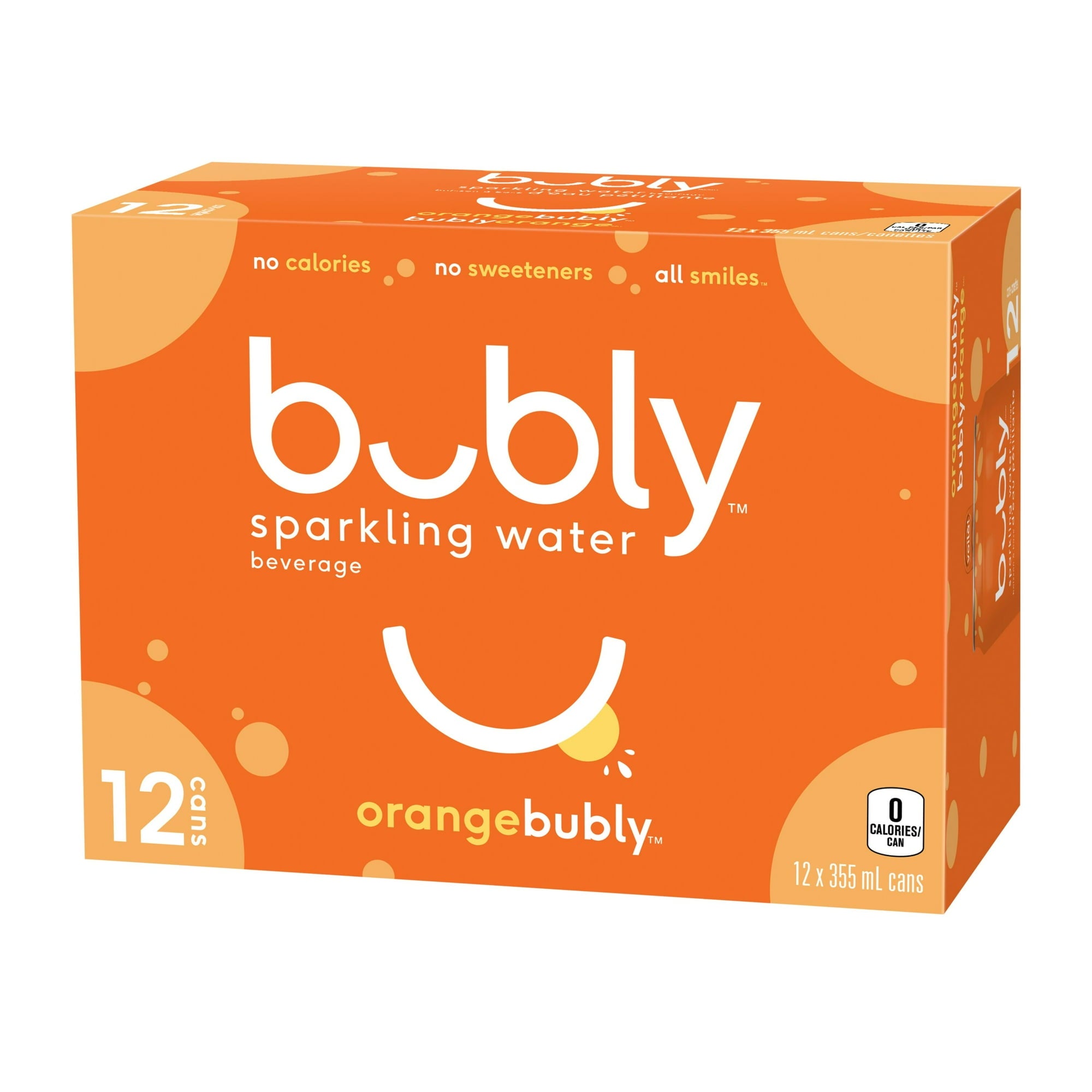 Angle of Bubly Orange Sparkling Water Beverage, 12x355ml cans, 4.26L/144 oz
