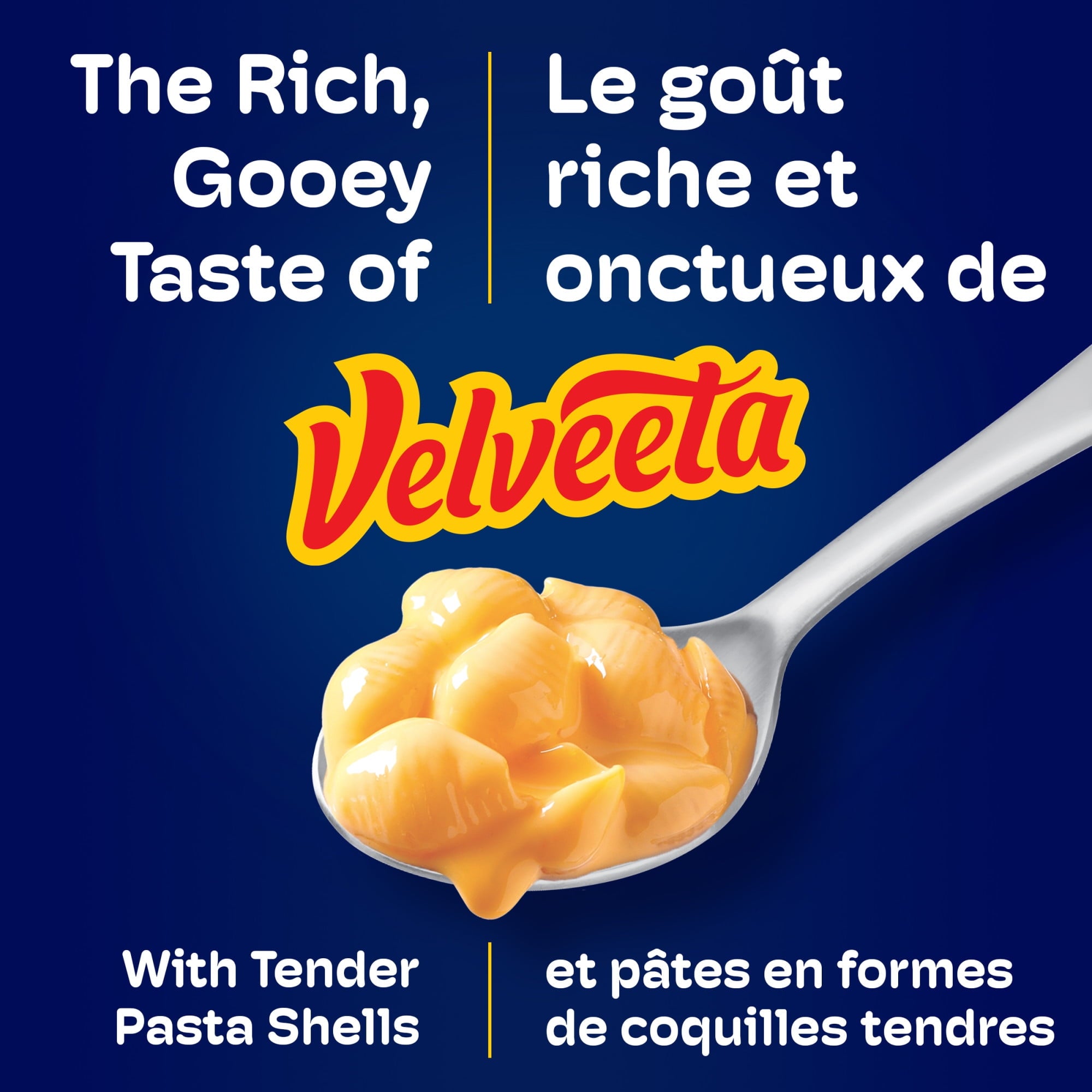 KD Kraft Dinner Deluxe Velveeta On Shells, Rich And Creamy Mac & Cheese, 350g/12.3 oz., rich gooey taste of Velveeta label.