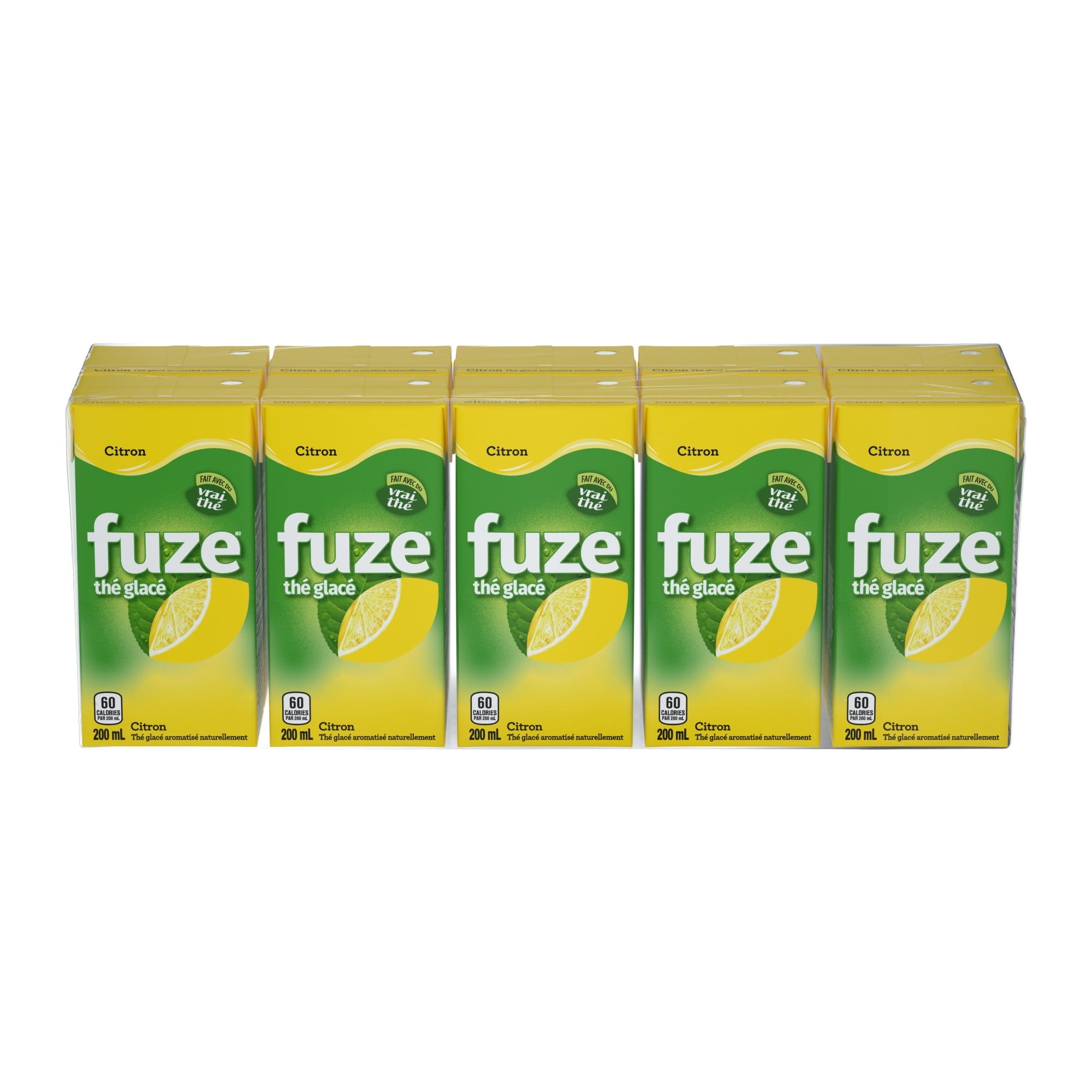 Six boxes of fuze tea with lemon flavor on a white background