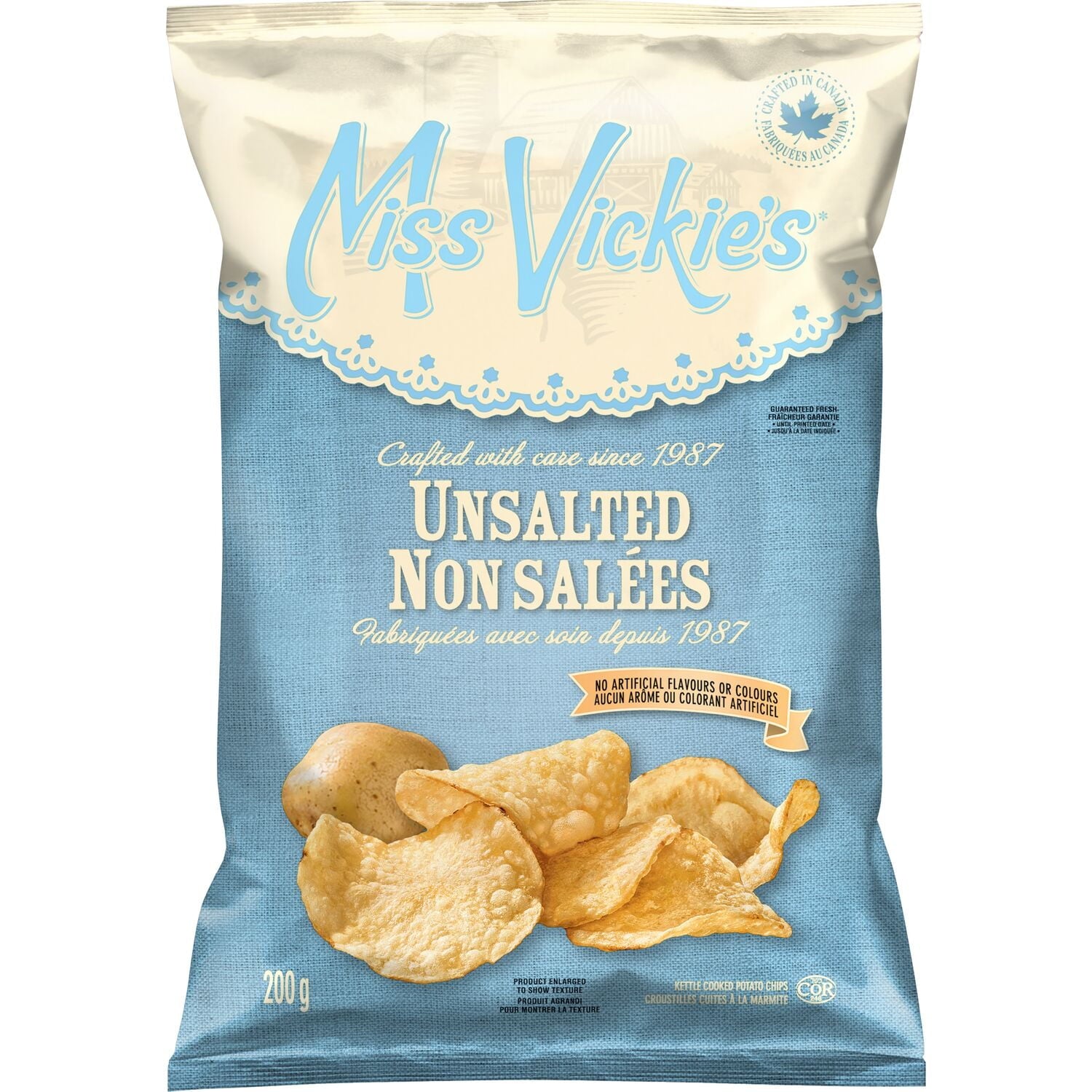 Miss Vickie's Kettle Cooked Unsalted Potato Chips, 200g, front of bag.