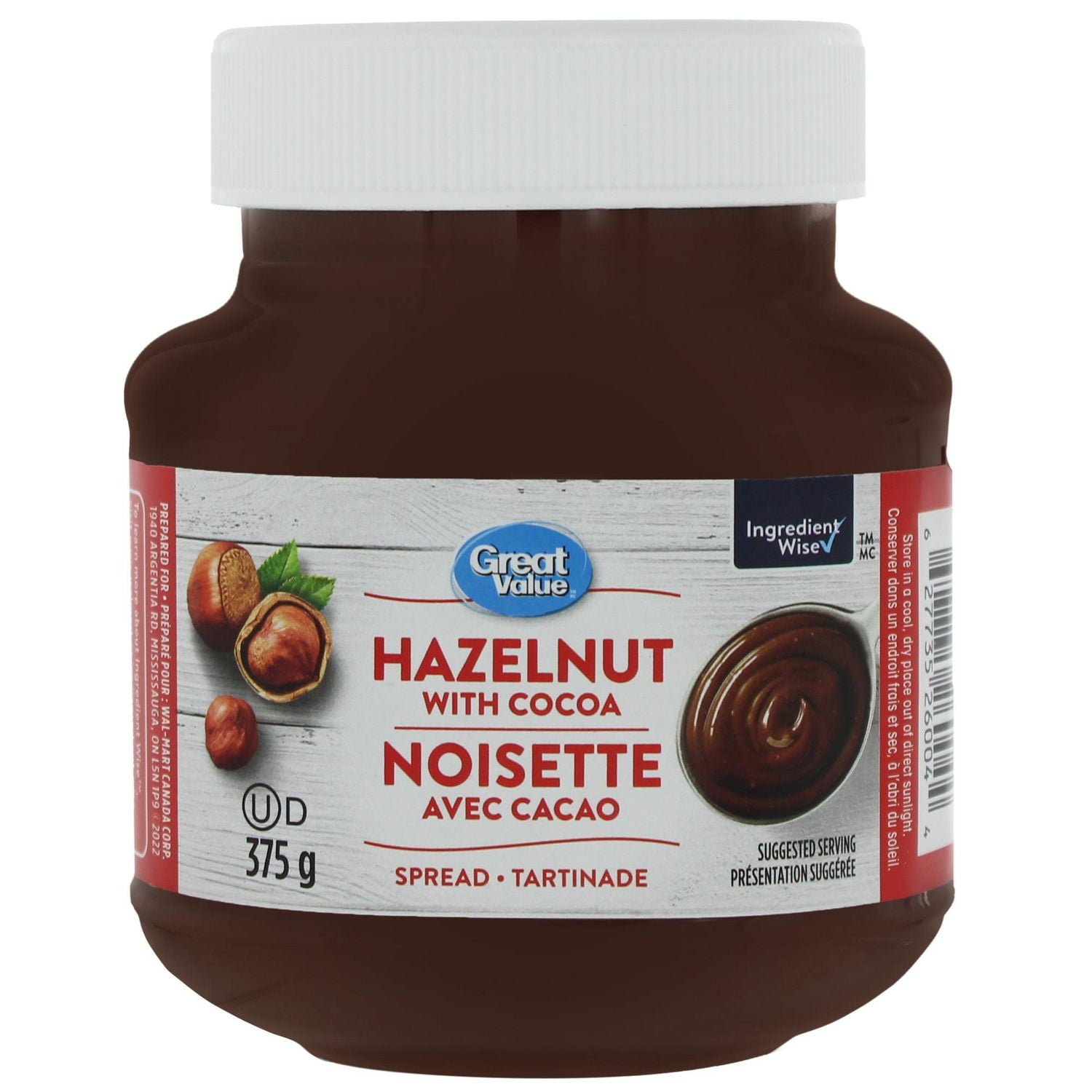 Great Value Hazelnut Spread with Cocoa, 375g/13.2 oz, Front of jar of Great Value hazelnut with cocoa spread on a white background