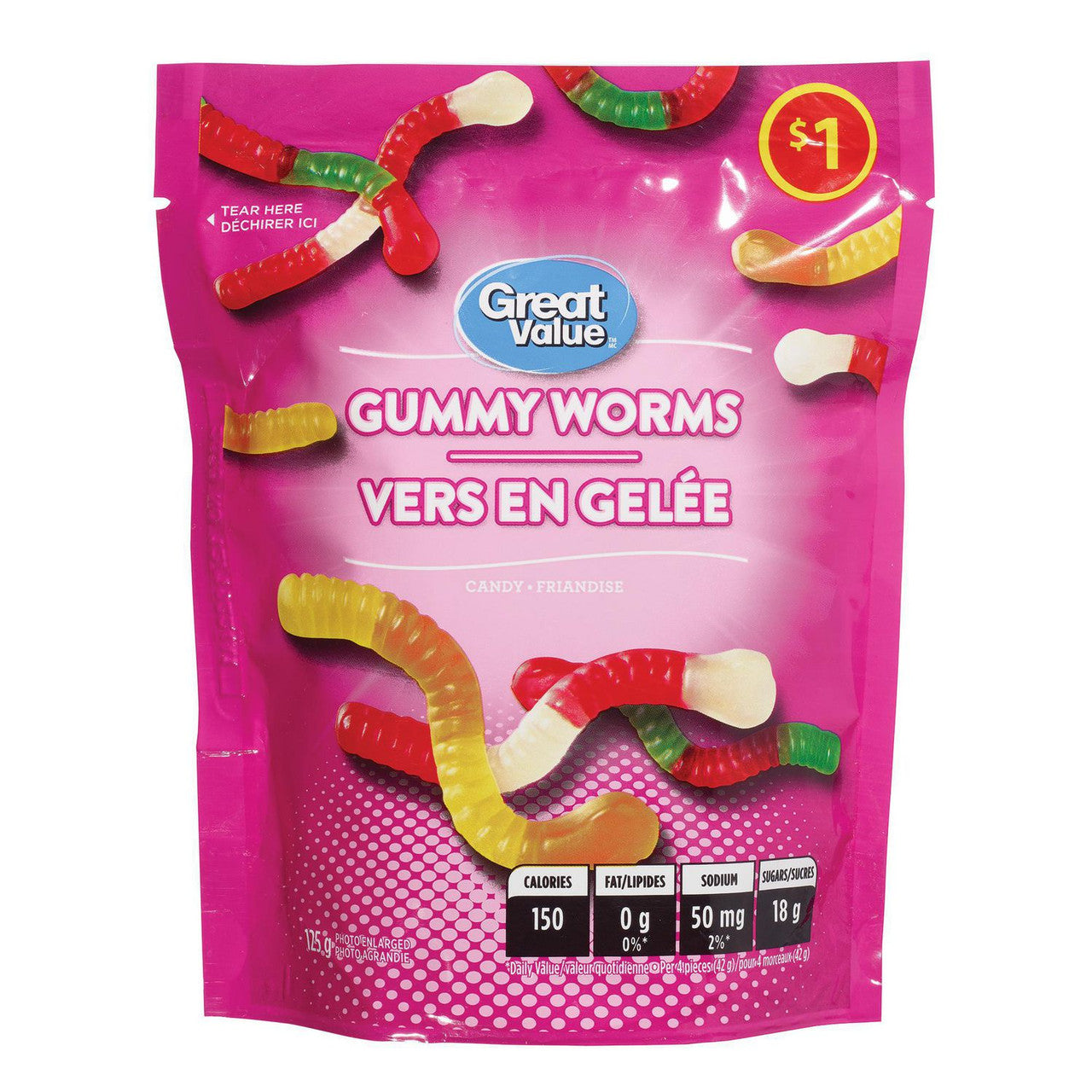 Great Value Gummy Worms Candy, 125g/4.4 oz., {Imported from Canada}