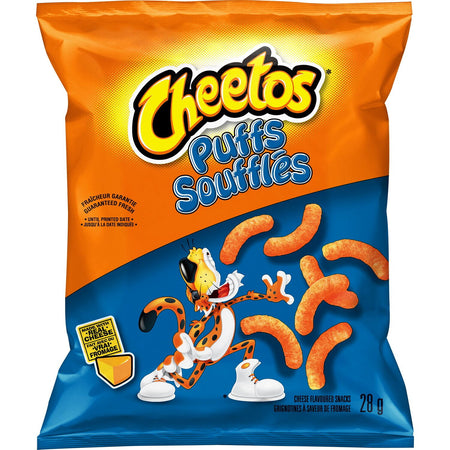 Frito-Lay Chips Variety Pack, Cheesy Mix, (Doritos Zesty Cheese, Lays Cheddar Jalapeno, Cheetos Cheese Puffs & Sun Chips Harvest Cheddar Flavors), (16ct x 28g), 448g, front of Cheetos cheddar puffs bag.