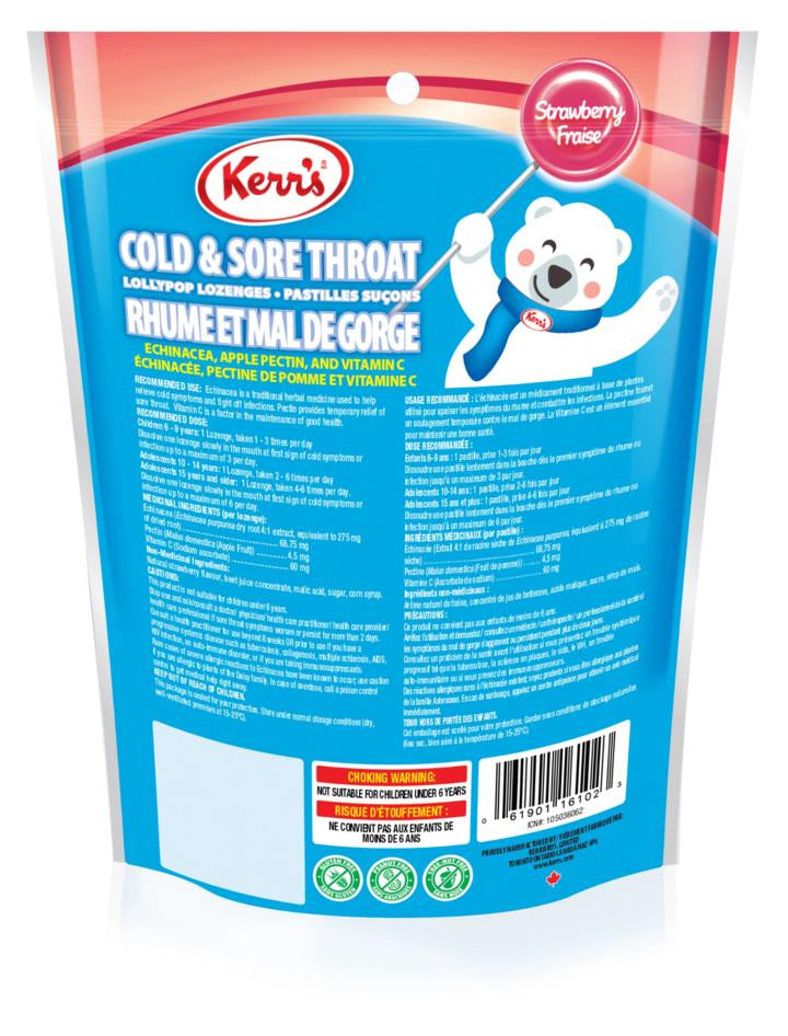 Kerr's Cold and Sore Throat Lollypop Strawberry Lozenges, 15 count, Bag {Imported from Canada}