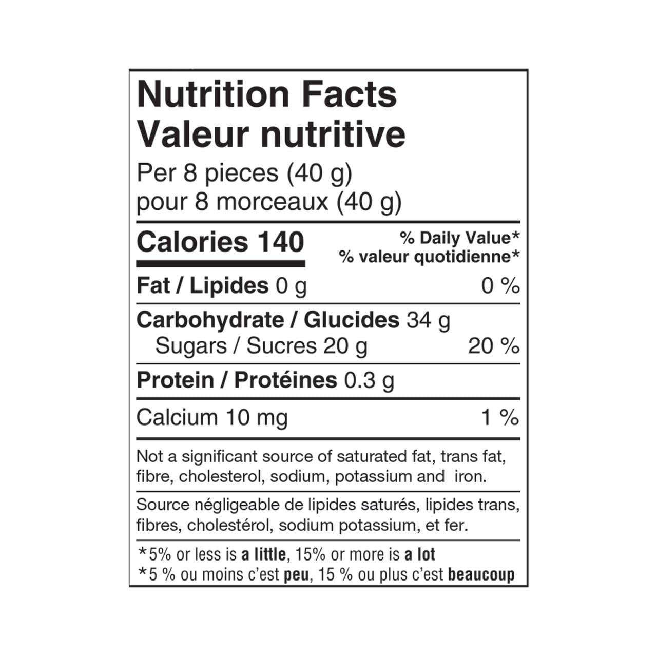 Great Value, 600g/1.3 lbs, Tub of Gummy Jujubes, nutrition facts label.