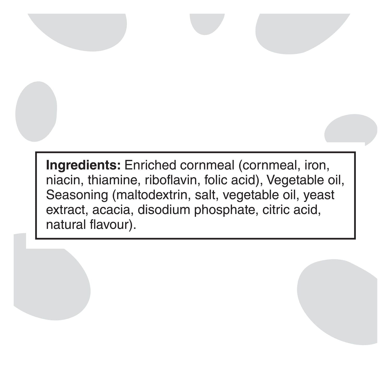 Ingredients list of Cheetos Vegan White Cheddar Flavored Corn Snacks, 230g/8.1 oz on a white background with gray abstract shapes