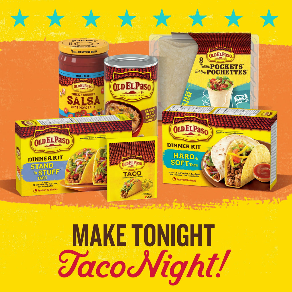 Old El Paso taco night products on a colorful background with text 'Make Tonight Taco Night!'.