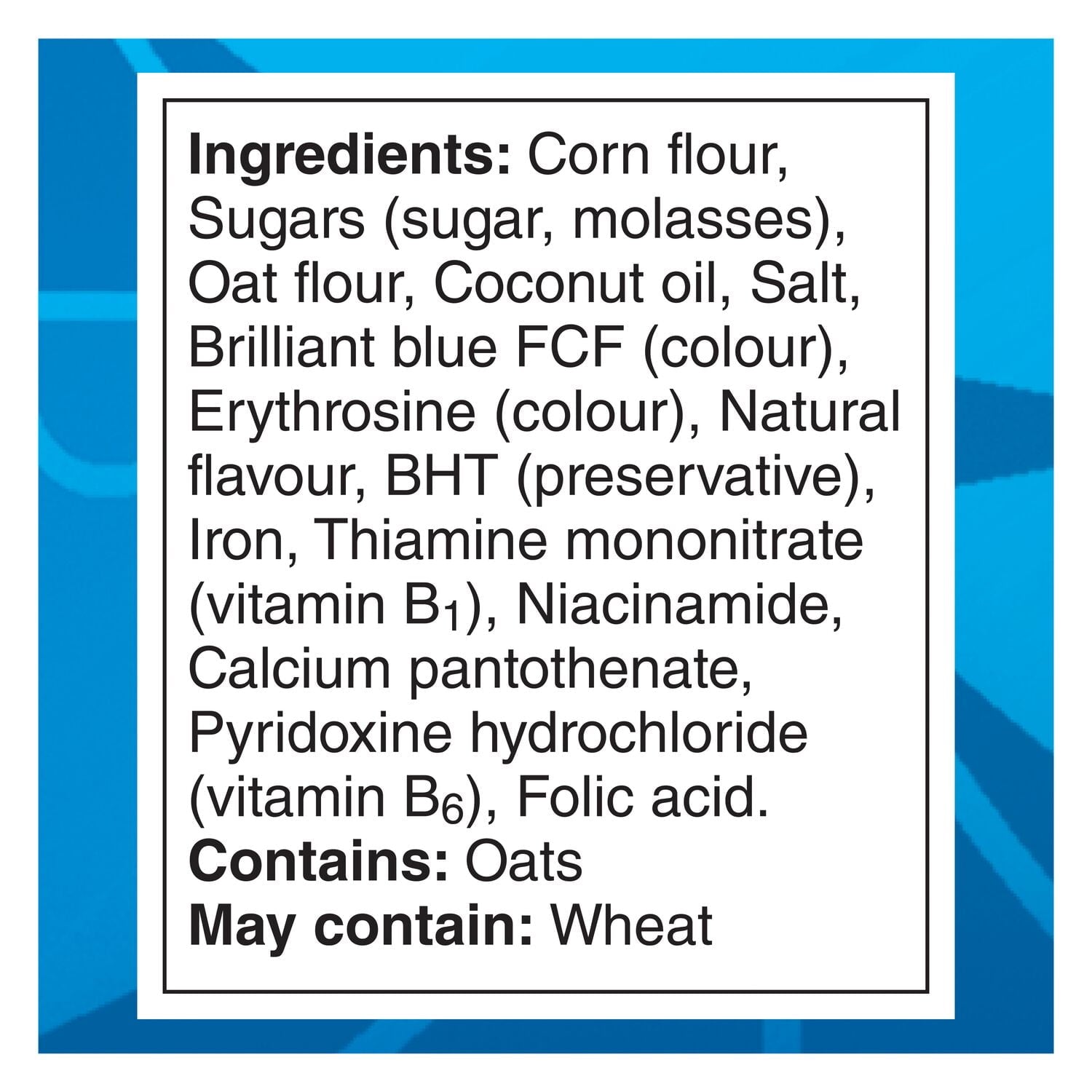 Ingredients list for Cap'n Crunch Cotton Candy Crunch Cereal, 288g/10.1 oz with a blue border