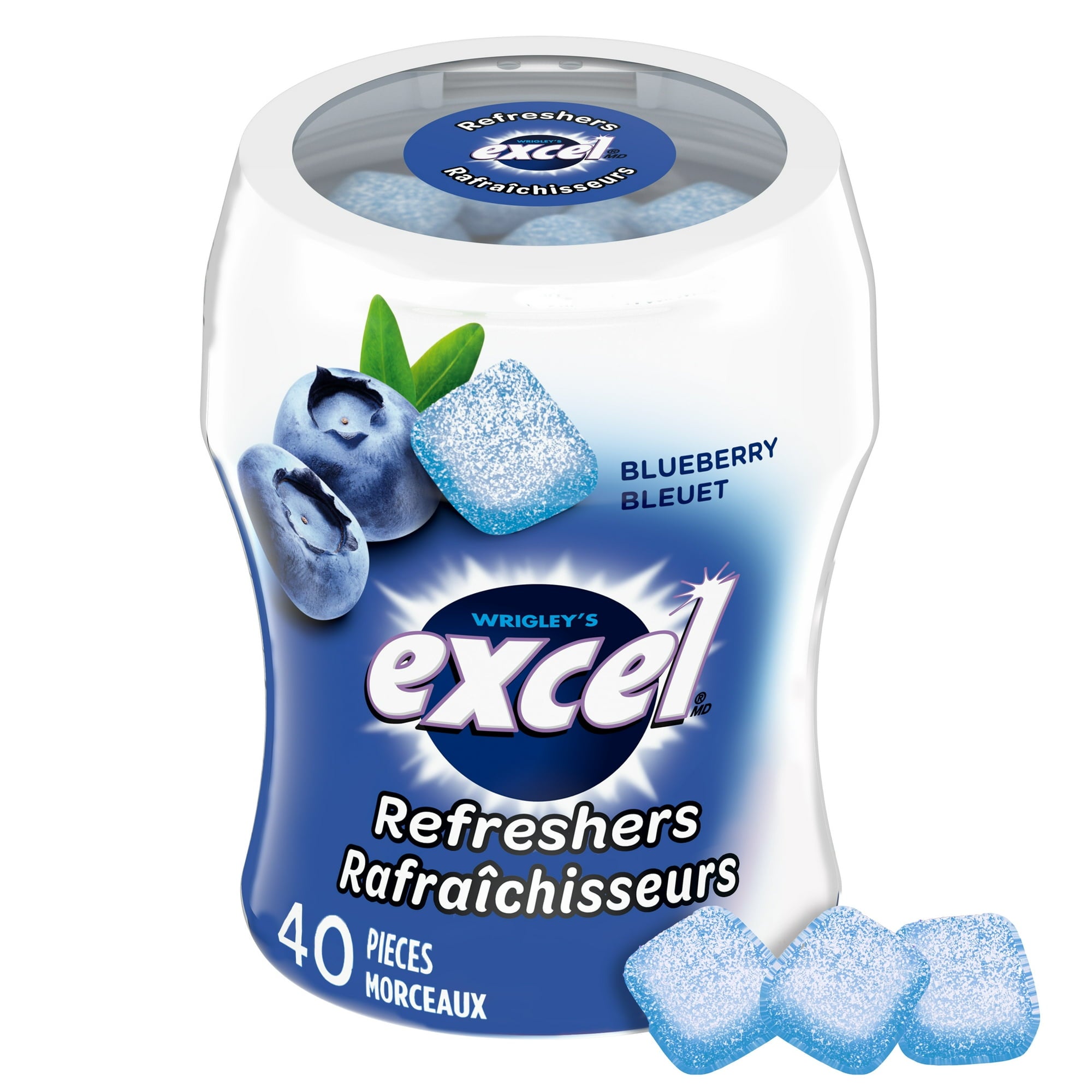 Excel Sugar-Free Gum, Refesher Blueberry, 6 ct. Package, front of one bottle.