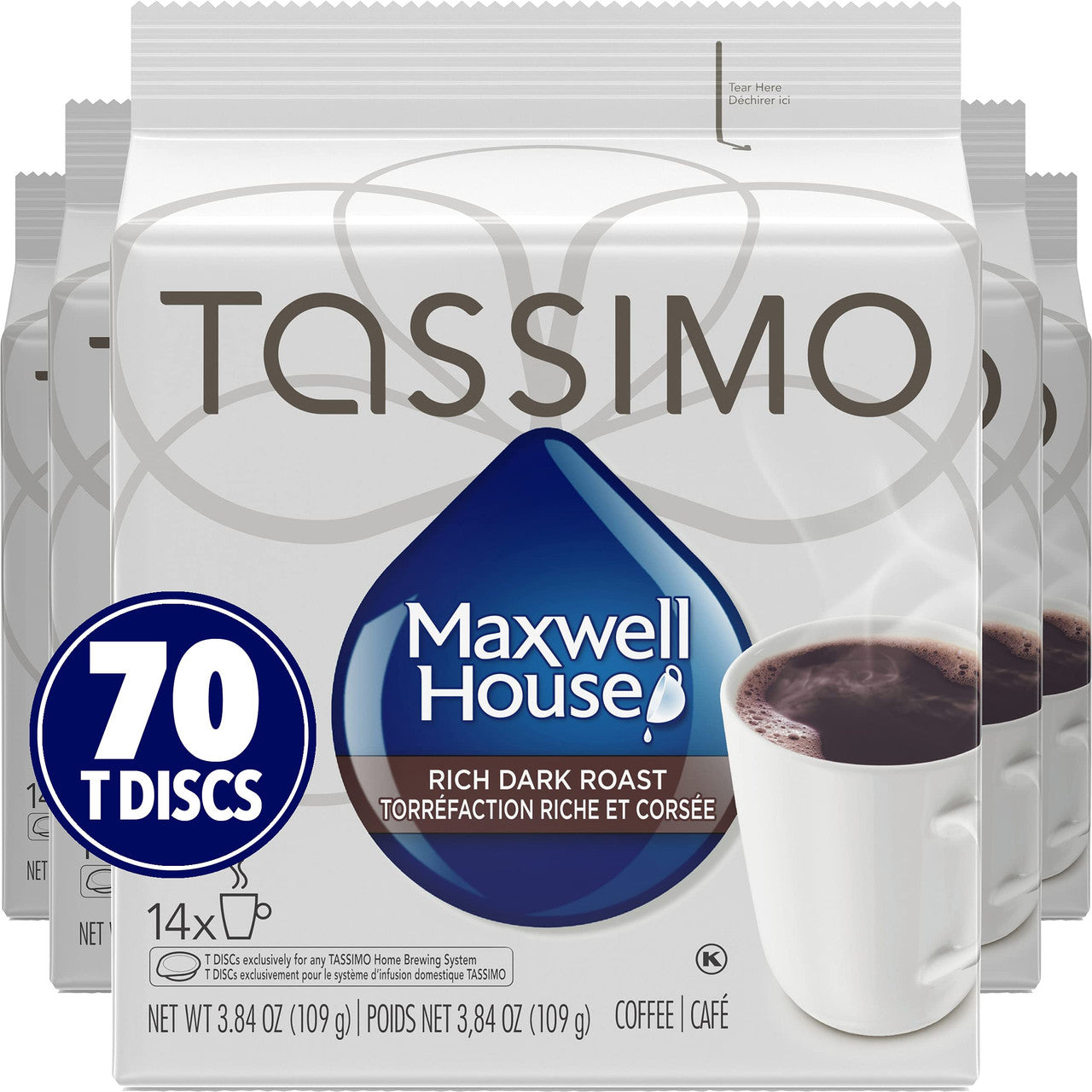 Tassimo Maxwell House Dark Roast Coffee, 70 T-Discs (5 Boxes of 14 T-Discs) {Imported from Canada}