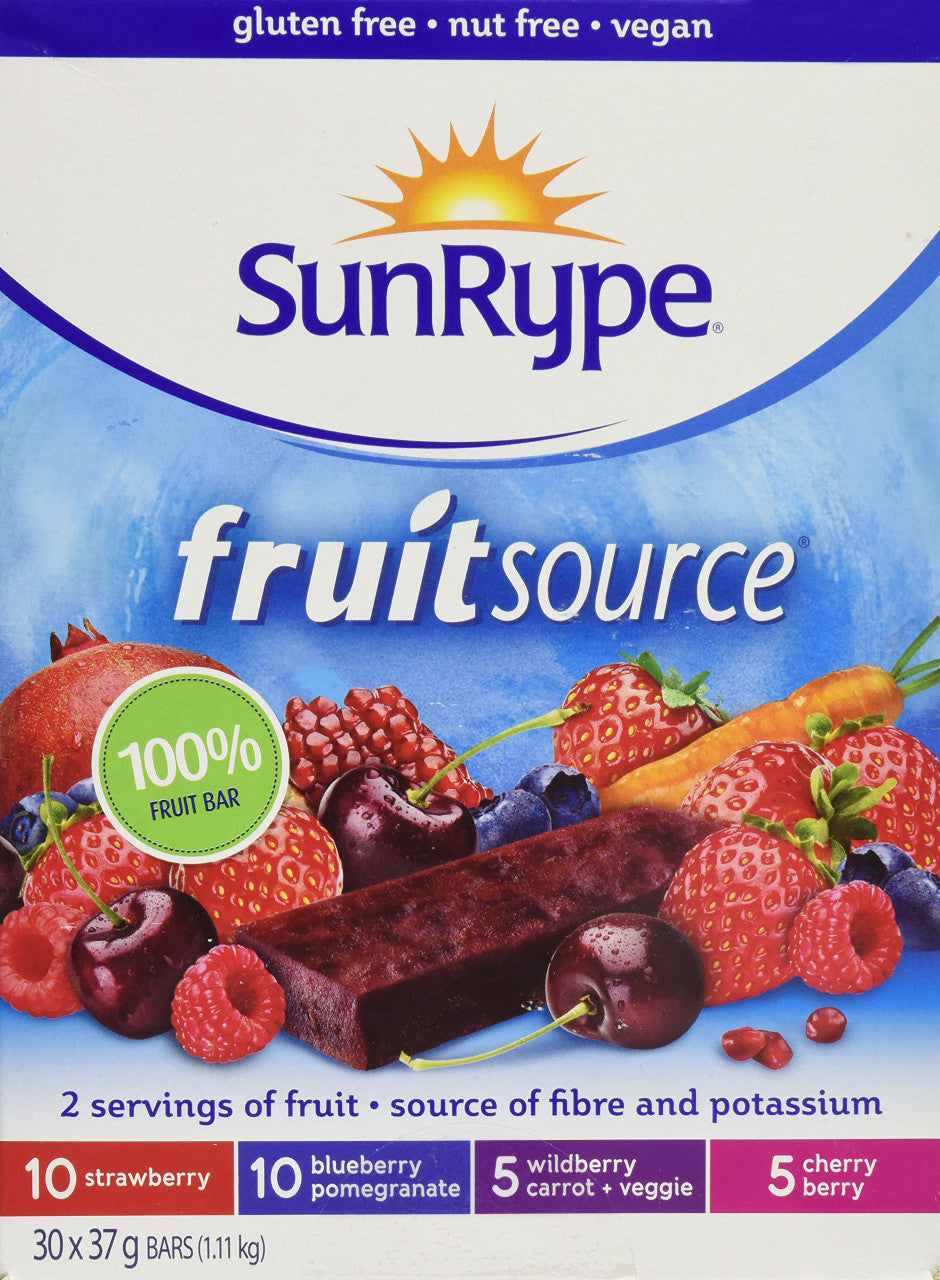 Sunrype Fruitsource 100% Fruit Bar,  30ct X 37g Bars, 4 Flavours, (Imported from Canada)