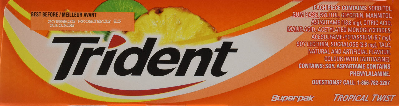 Trident Sugar Free Tropical Twist Gum Superpak, 12 Pack (14 Pieces Each) {Imported from Canada}