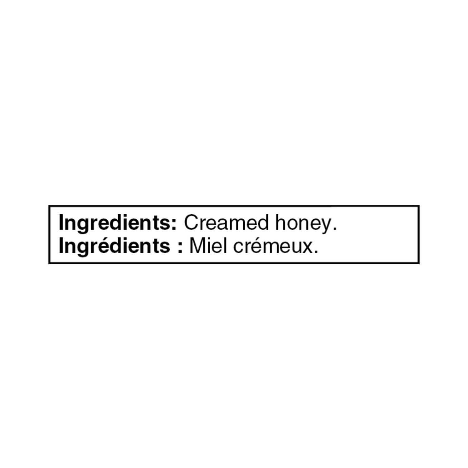 Great Value Pure Creamed Honey, 1kg/35.3 oz., Tub, ingredients label.