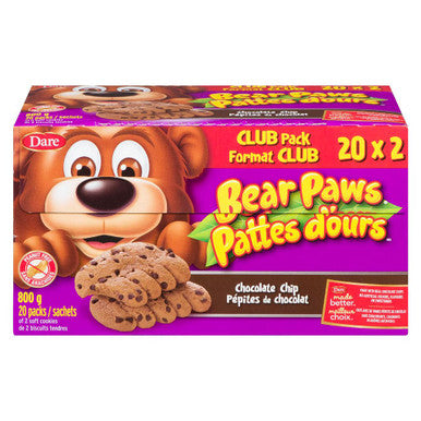 Dare Bear Paws Chocolate Chip Soft Cookies 800g/28.2 oz., Club Pack - Peanut Free {Imported from Canada}