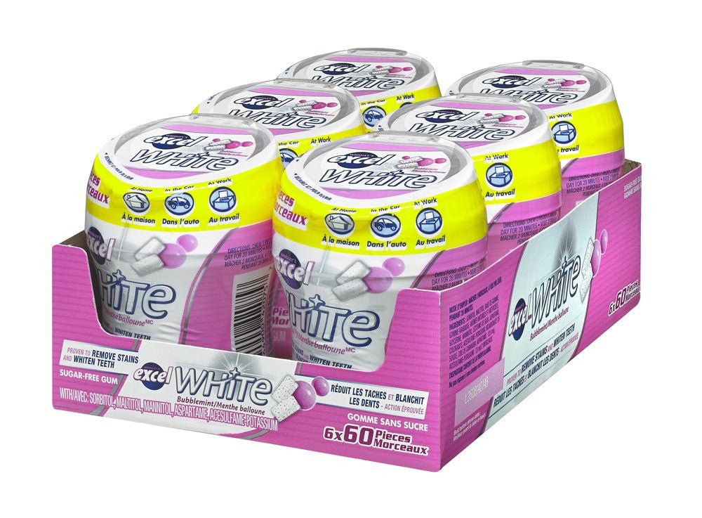 Excel White Sugar-Free Gum,Bubblemint, 60pc Bottle,6ct{Imported from Canada}