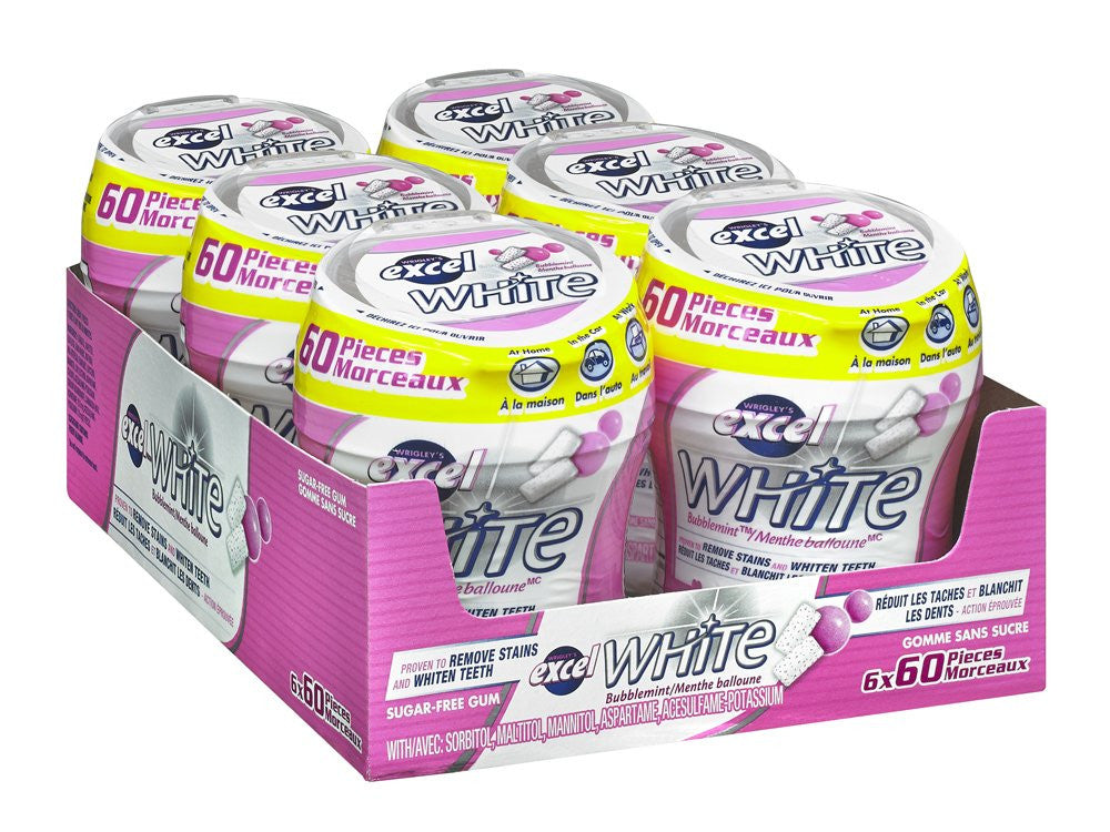 Excel White Sugar-Free Gum,Bubblemint, 60pc Bottle,6ct{Imported from Canada}