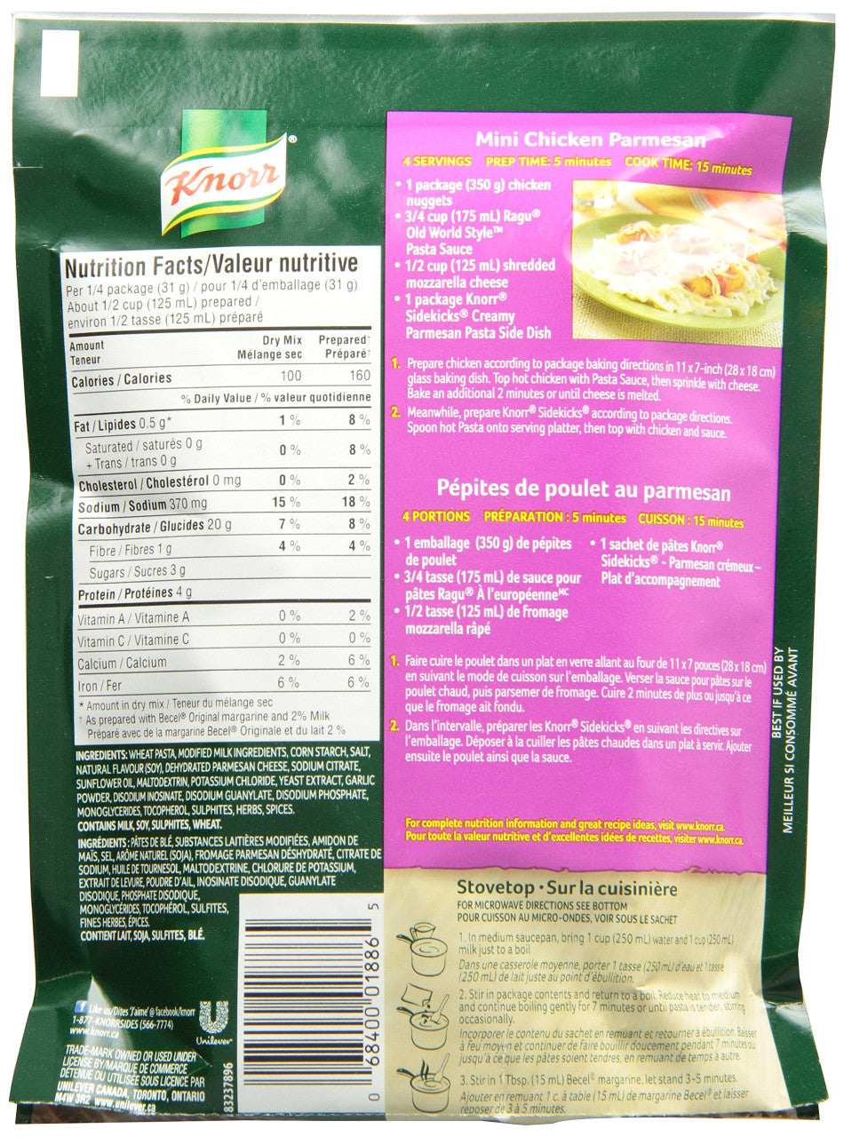 Knorr Sidekicks Creamy Parmesan Pasta 124g - Imported from Canada