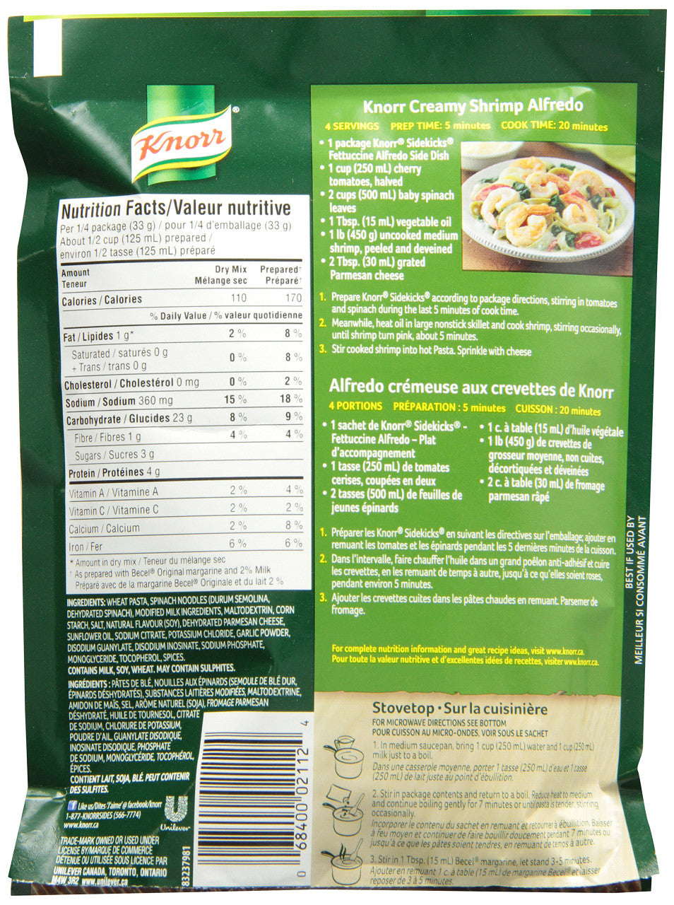 Knorr Sidekicks Pasta Fettucine Alfredo Side Dishes 133 Grams, 8ct Imported from Canada