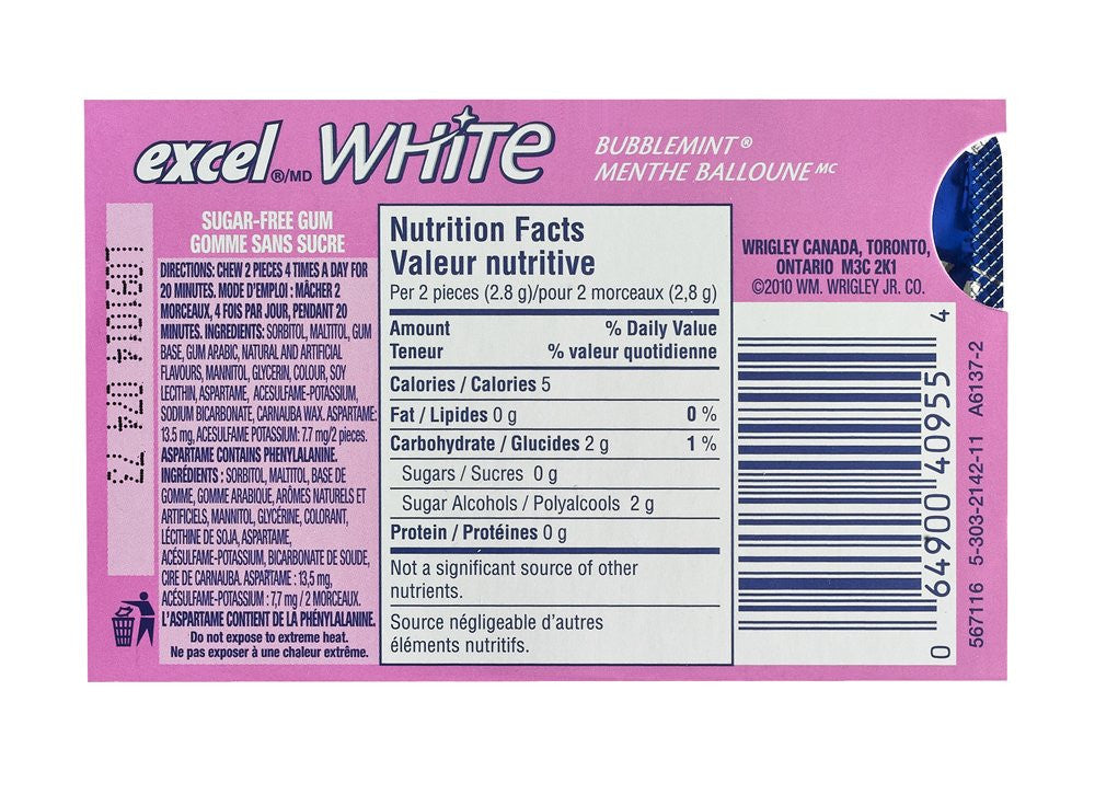 Excel White Sugar-Free Gum, Bubblemint, 12 Count {Imported from Canada}