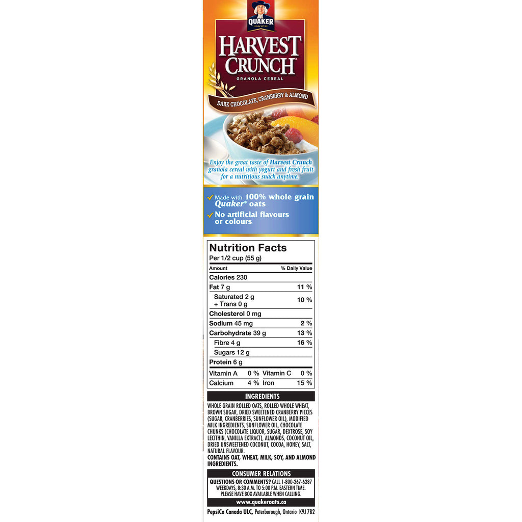 Quaker Harvest Crunch, Dark Chocolate, Cranberry & Almond Cereal 550g/19.4oz. (Imported from Canada)