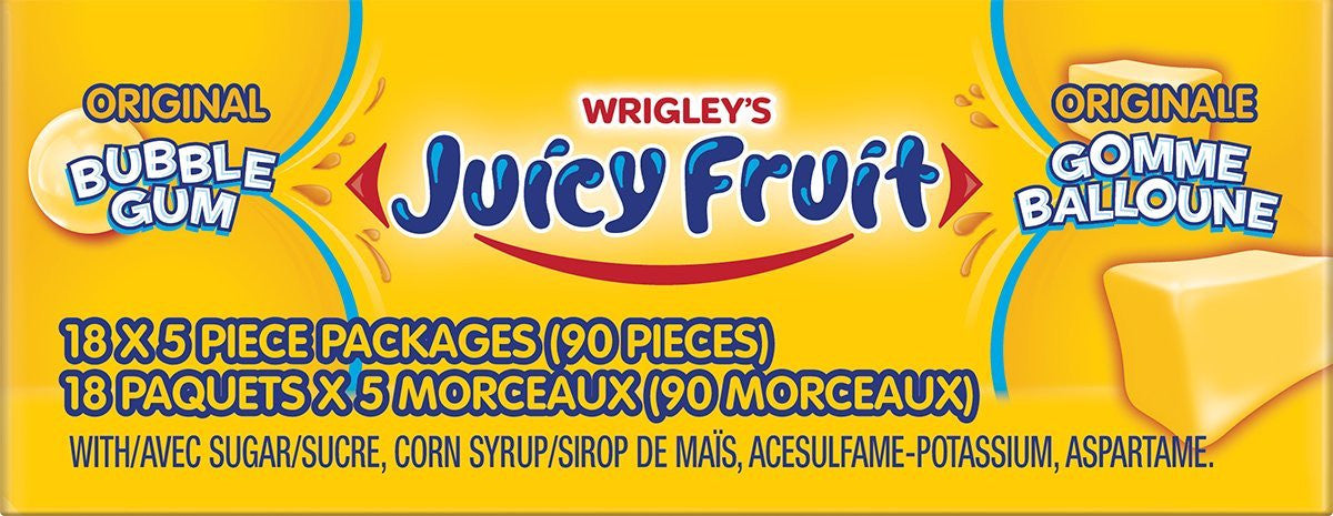 Juicy Fruit Original Bubble Gum ,18ct 90 Pieces of Gum {Imported from Canada}