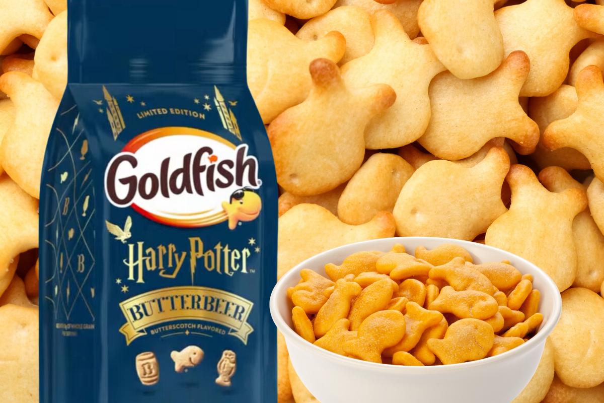 Goldfish Harry Potter Butterbeer snack packaging with a bowl of Goldfish in the foreground.