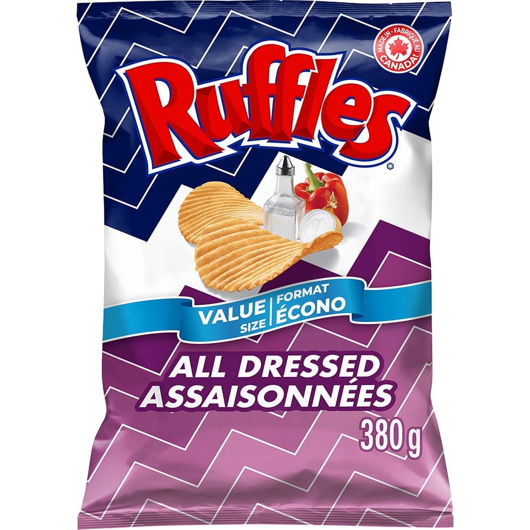Ruffles All Dressed potato chips packaging with brand logo and product details.