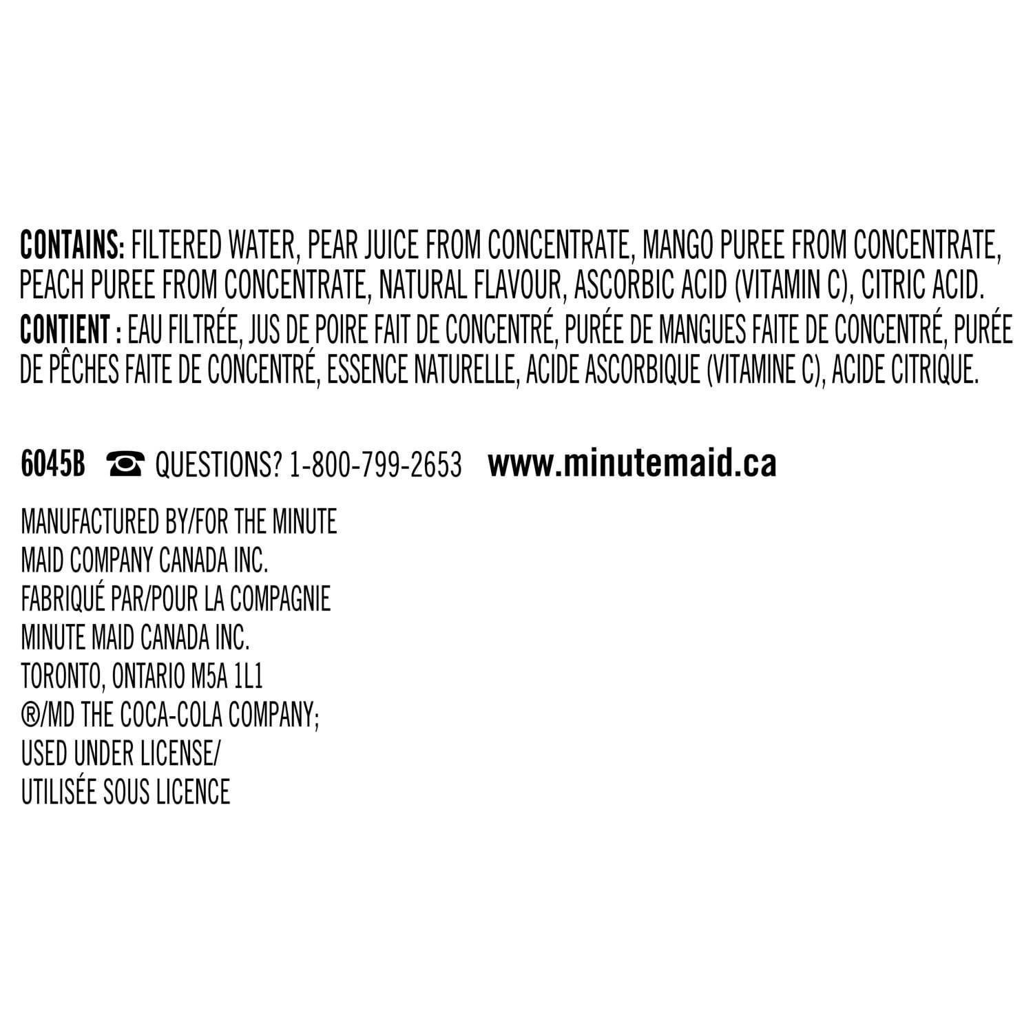 Minute Maid Peach Mango Juice Boxes, 60% Less Sugar, Perfect for On-The-Go, 8x200ml, 1.6L/56.4 fl. oz - Front Of Package - Ingredients Label