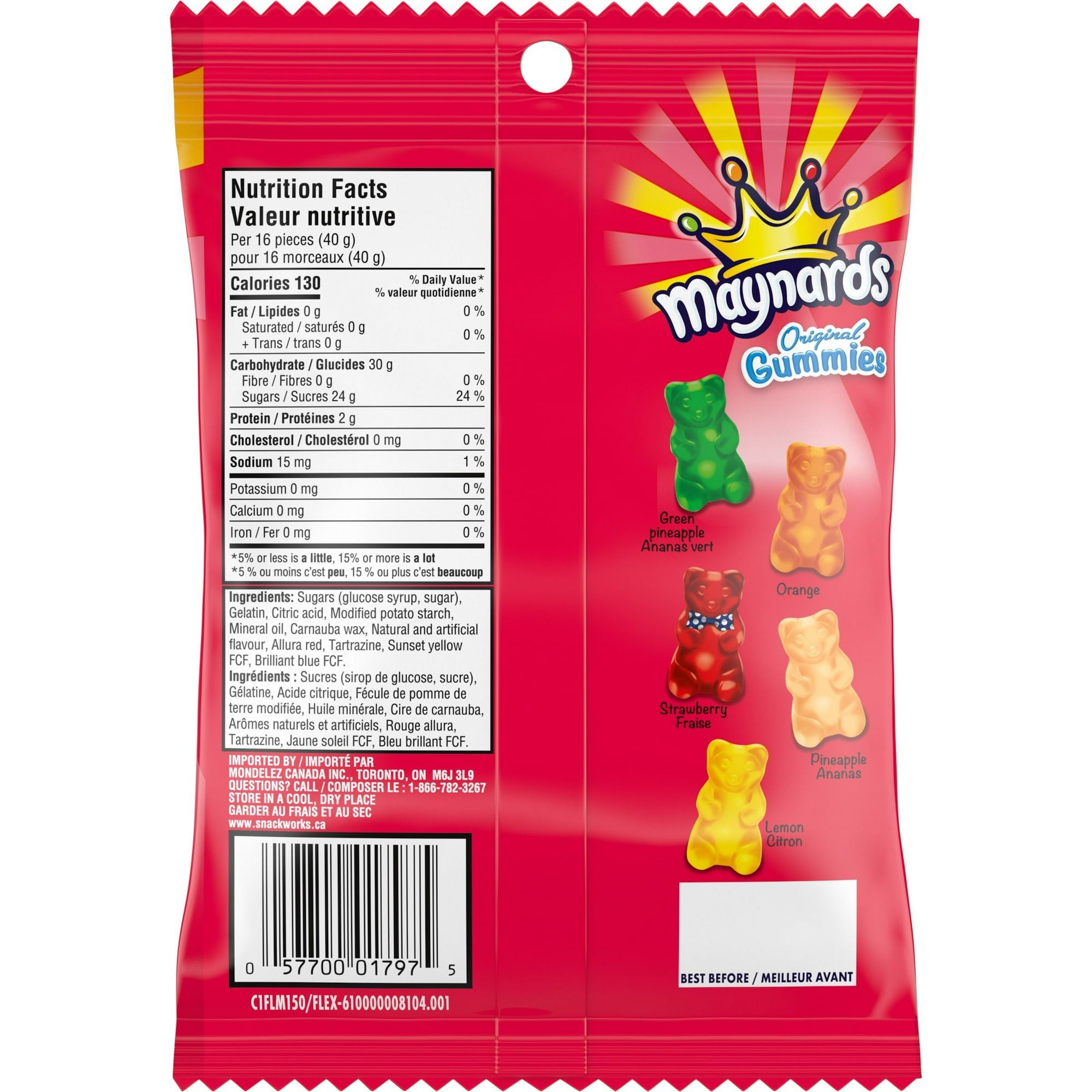Maynards Original Gummies Candy, 150g/5.2 oz with nutrition facts label on a white background