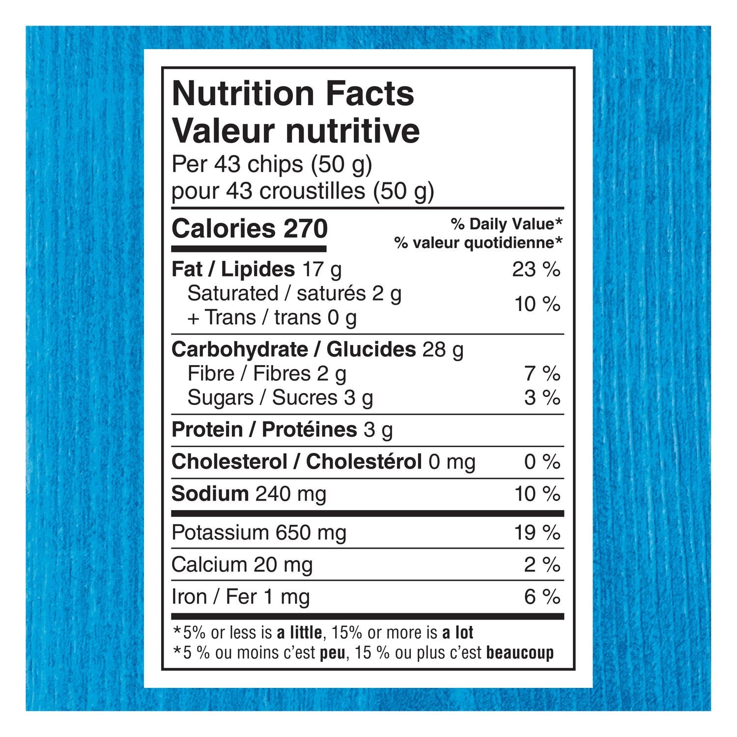 Nutrition facts label for Lay's Cheese & Onion Flavored Potato Chips, 220g package on a blue background