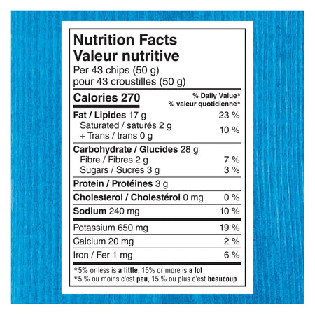 Nutrition facts label for Lay's Cheese & Onion Flavored Potato Chips, 220g package on a blue background