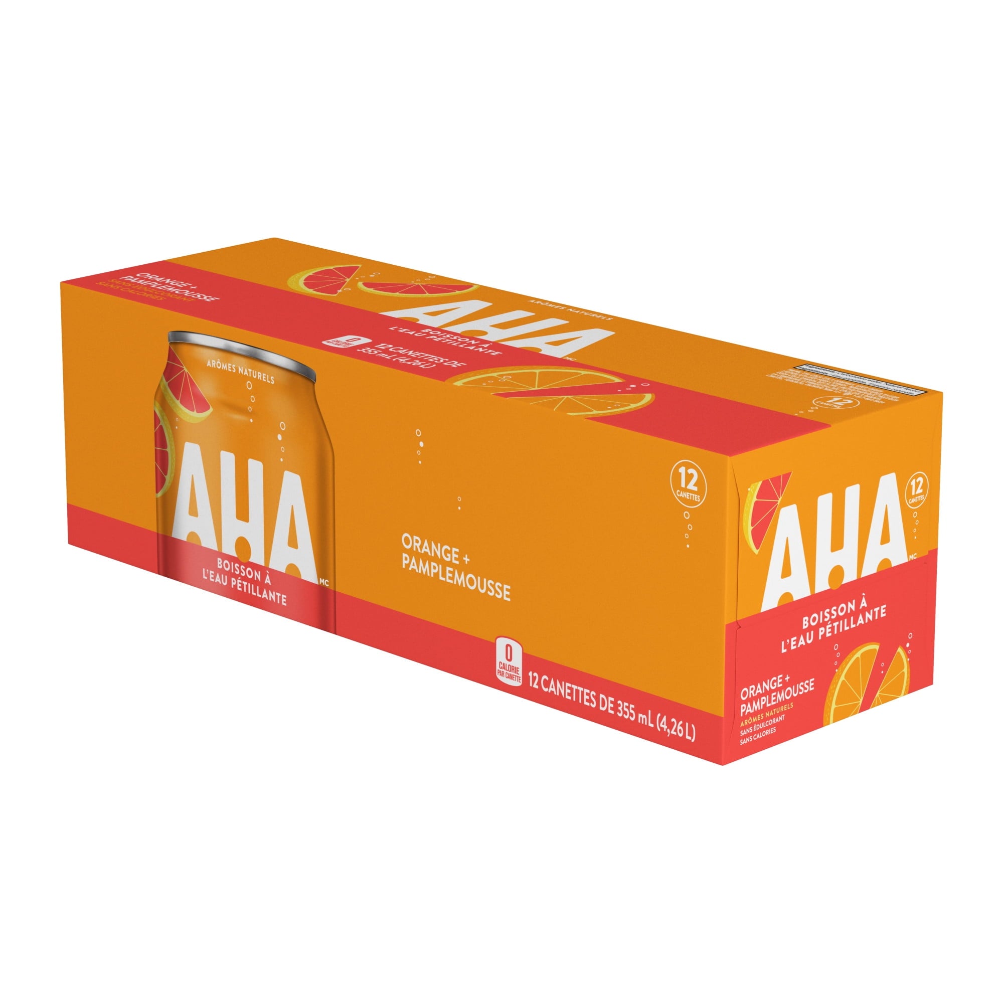 Box of AHA orange and grapefruit-flavored cans on a white background