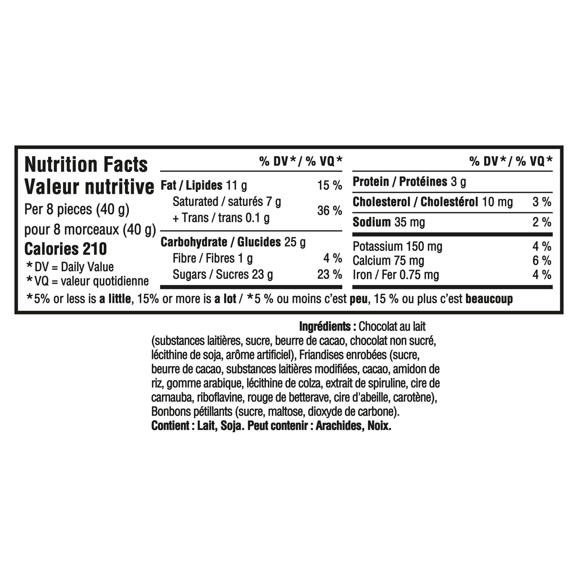 Nutrition facts label for Cadbury Dairy Milk FIREWORKS Milk Chocolate Bar on a white background