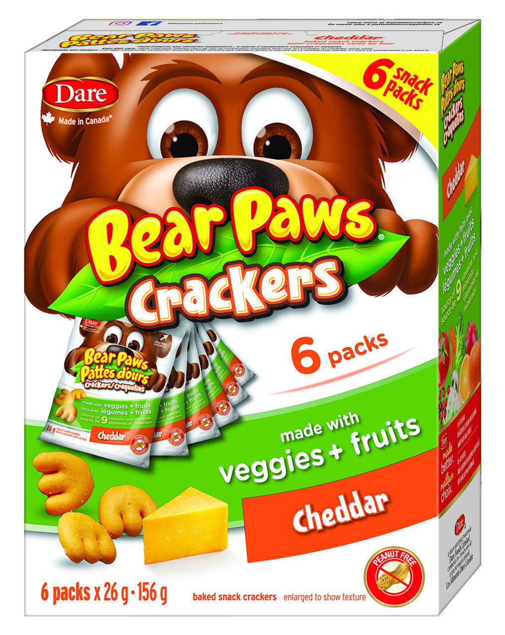 Dare Bear Paws, Bite-Sized Cheddar Crackers, Made with Real Fruits and Veggies, 180g {Imported from Canada}