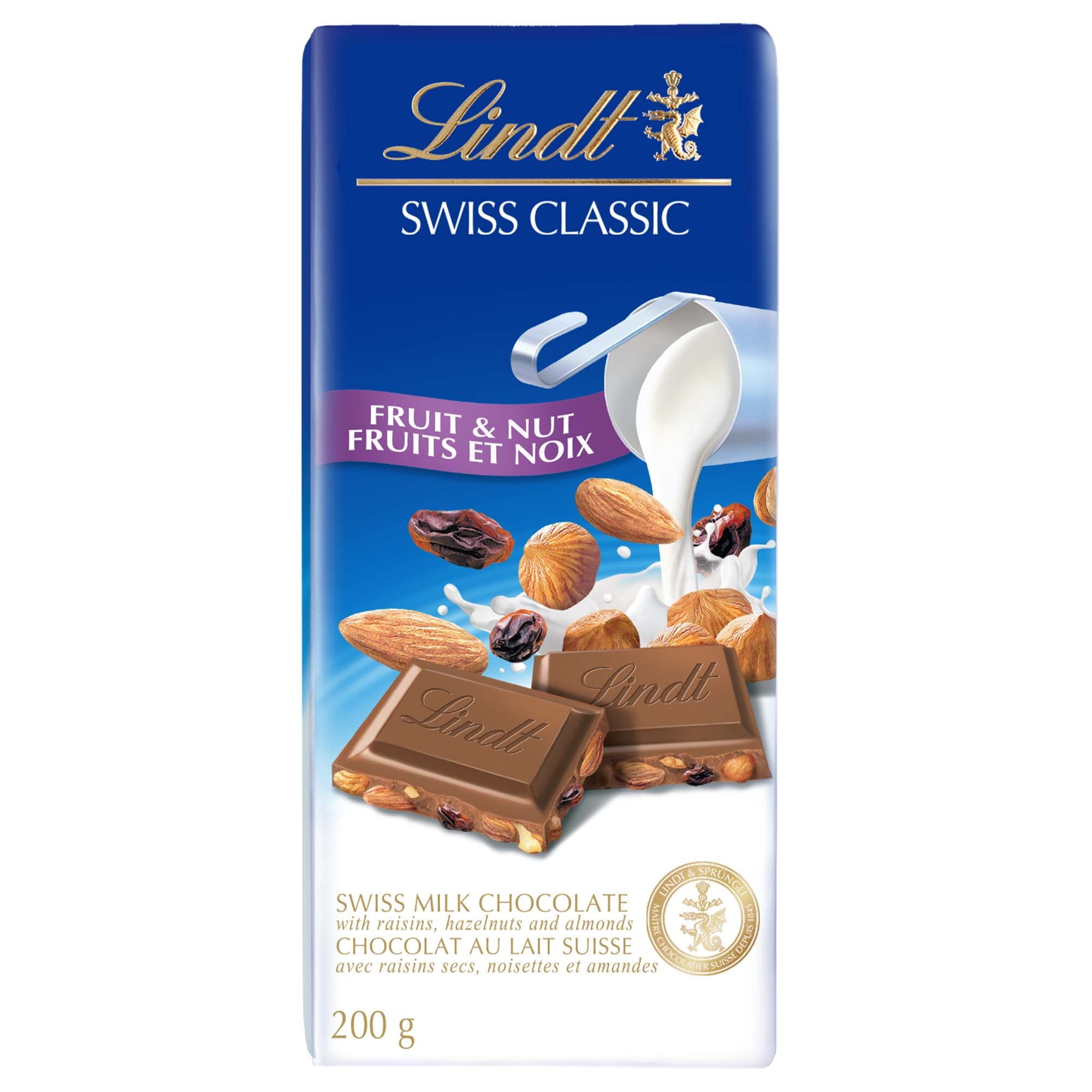 Lindt Swiss Classic Fruit & Nut Milk Chocolate Bar, 200g/7.1 oz. Bar - Front