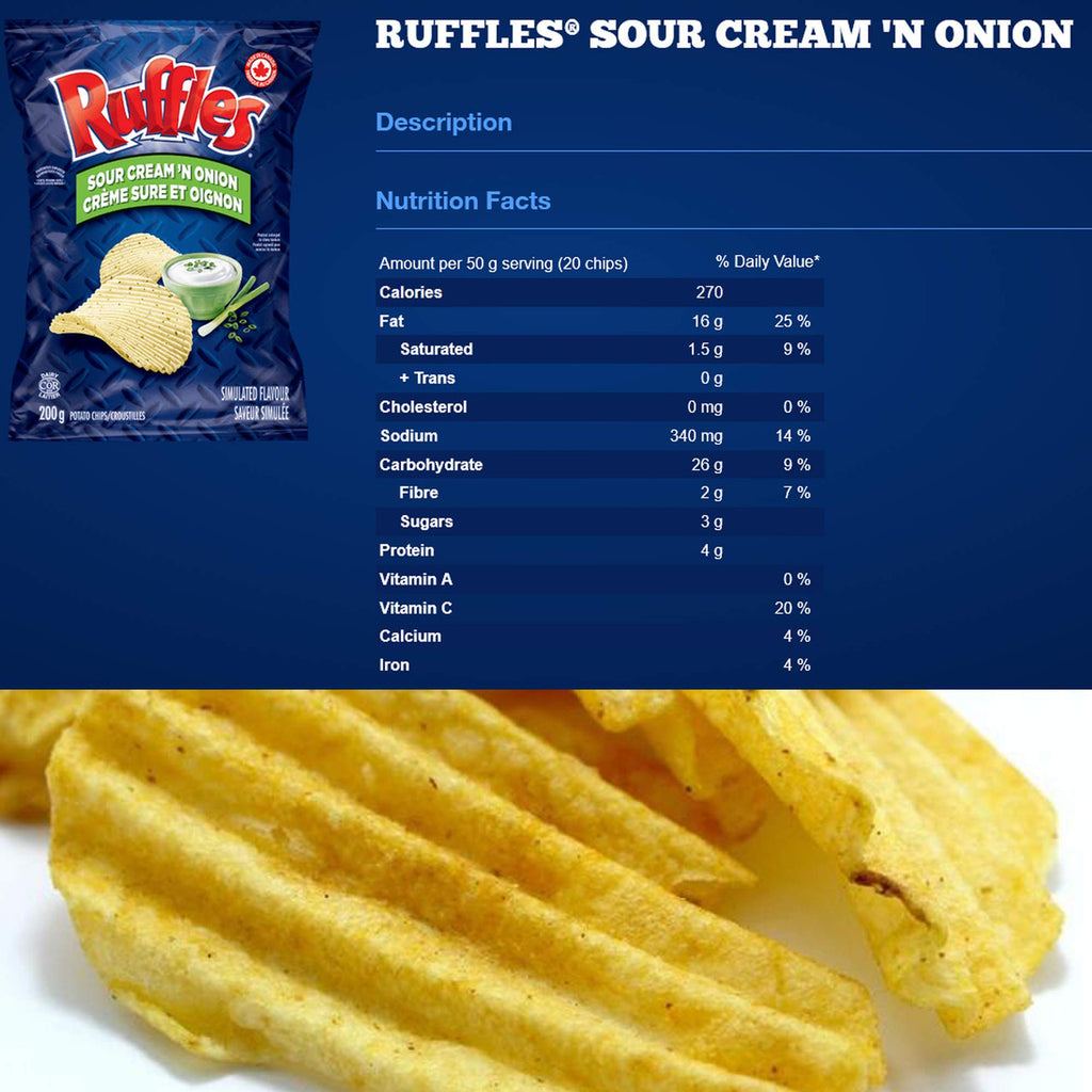 Ruffles Chips Variety Pack 200g/7.1 oz, Sour Cream N' Onion, Sour Cream N' Bacon and Regular {Imported from Canada}