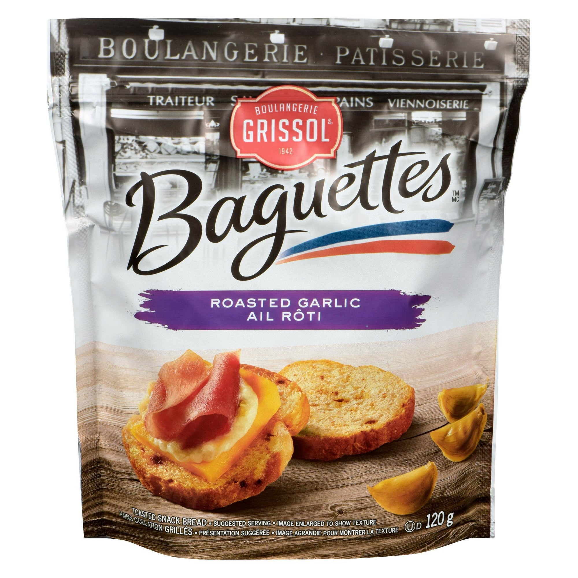 Boulangerie Grissol Baguettes, Roasted Garlic, 120g, front of bag.