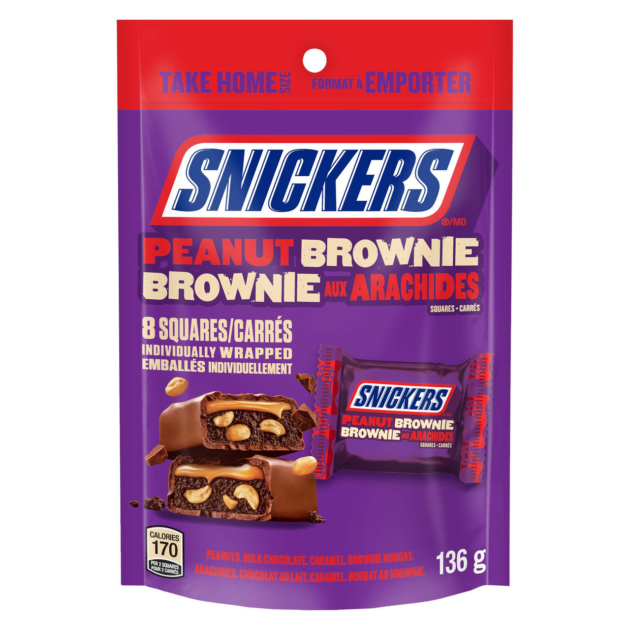 Snickers Peanut Brownie Caramel Chocolate Squares, Bag, 136g/4.8 oz., {Imported from Canada}