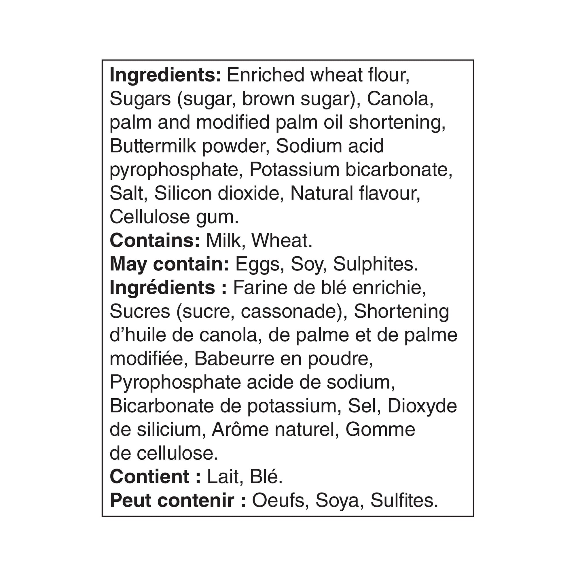 Ingredients list and allergen warning for Great Value All Purpose Muffin Mix, Makes 24 Muffins - 900g