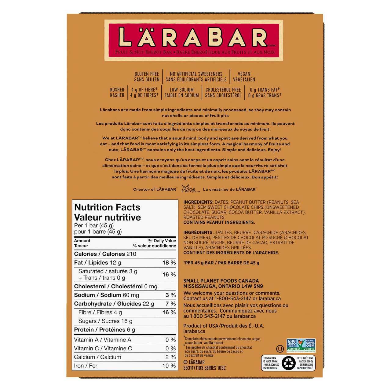 Larabar Gluten Free Peanut Butter Chocolate Chip Fruit and Nut Energy Bar, 16-Count, 720 Gram {Imported from Canada}