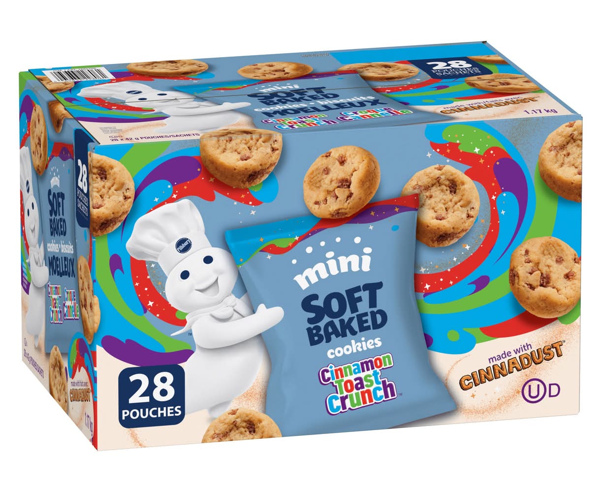 Box of Pillsbury Mini Soft Baked Cinnamon Toast Crunch Cookies, 28x42g Snack Bags, 1.17kg/2.6 lb with colorful design and ghost character on a white background