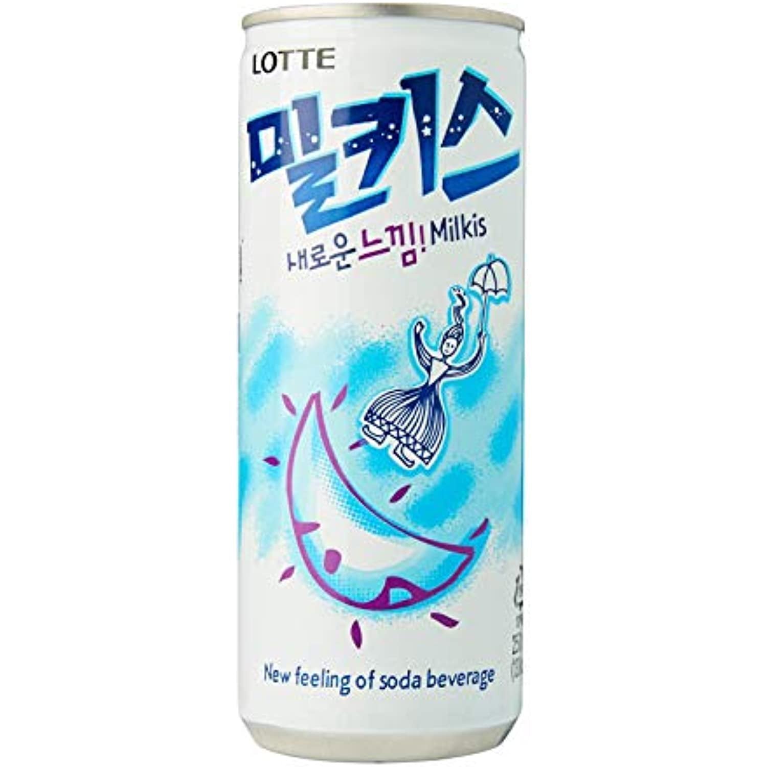 Lotte Milkis Refreshing Milk & Yogurt Flavor, Original Carbonated Drink, (6x250ml), 1.5L/53 oz., Package, front of one can.