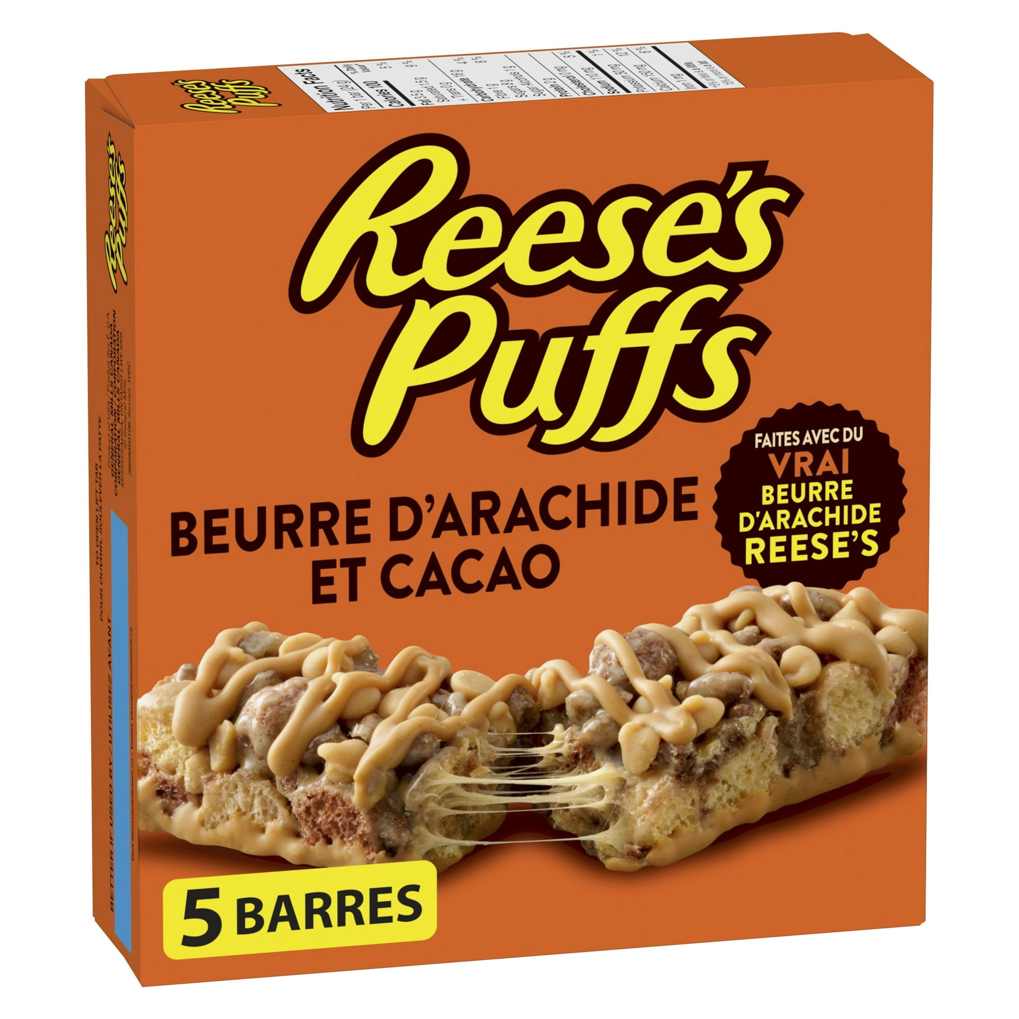 Reese's Puffs Peanut Butter & Cocoa Flavor Cereal Bars, Pack of 5 Bars, 120g/4.2 oz., Box, back of box.