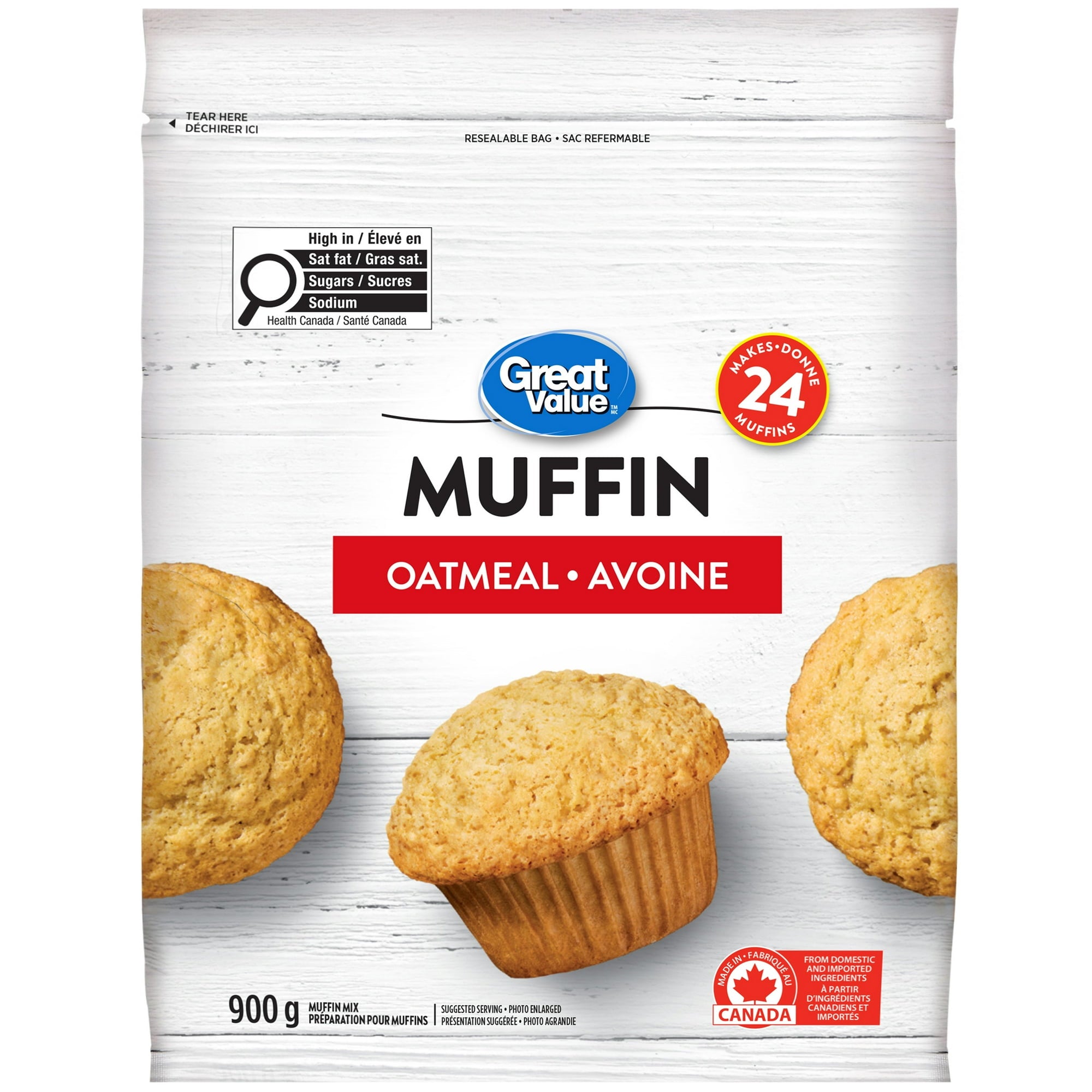 Great Value Oatmeal Muffin Mix, Makes 24 Muffins - 900g package on a white background