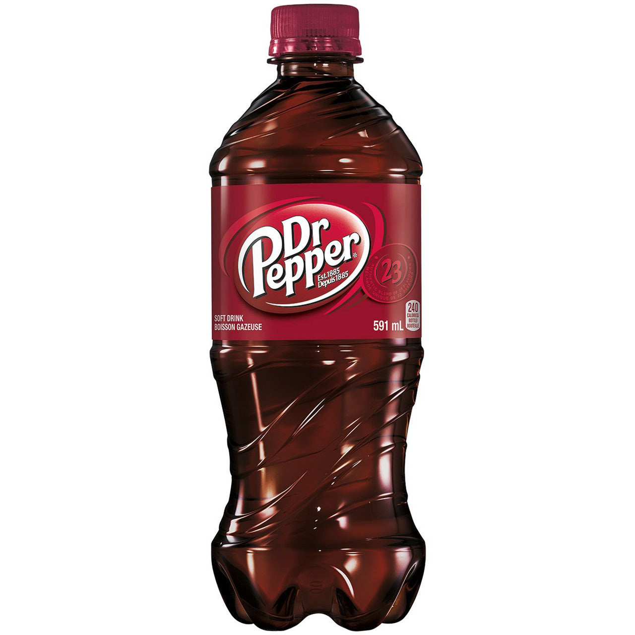 Dr Pepper, 591mL/20 fl. oz.,  Bottle, {Imported from Canada}