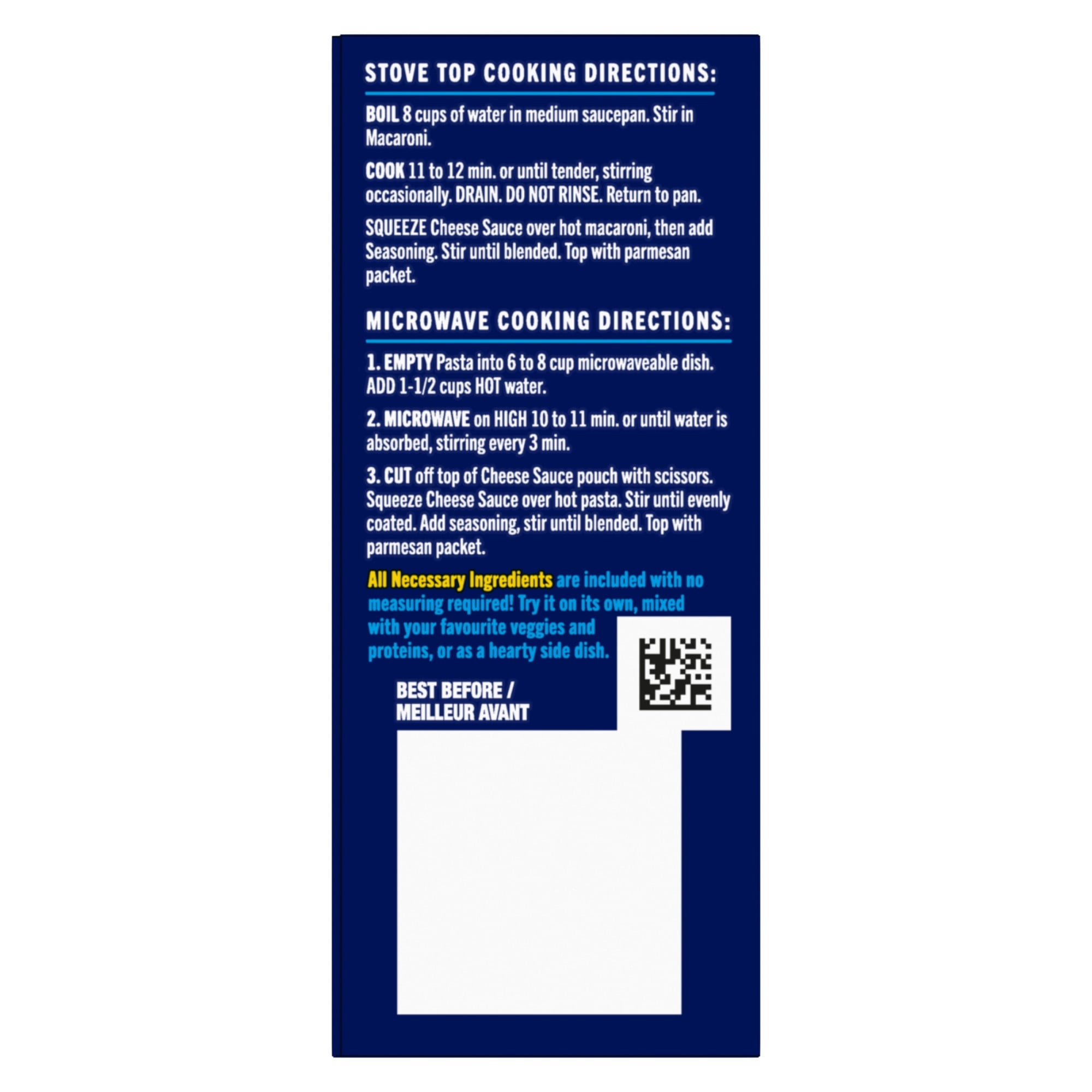 Stove top and microwave cooking directions for KD Kraft Dinner Deluxe CHEESY ROASTED GARLIC Mac & Cheese, 333g on a blue label with a white background