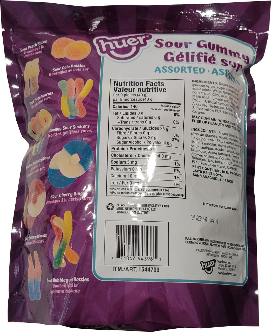 Huer Assorted Sour Gummy Candy, Family Size, 1.2kg/2.6 LB., Bag, {Imported from Canada}