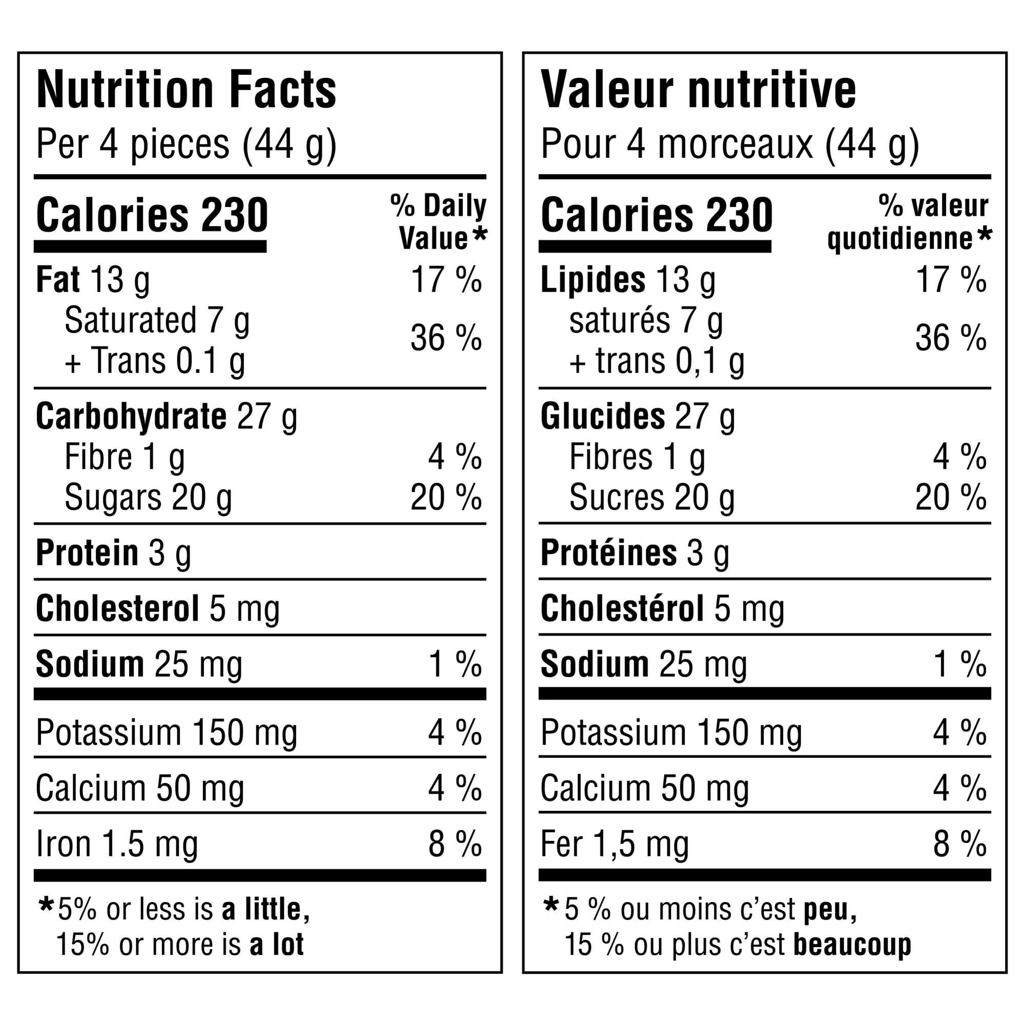 Nutrition facts label for KitKat Classic Milk Chocolate Wafer Bar - 99g in both English and French.
