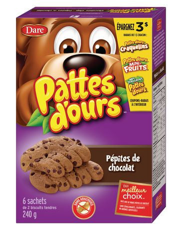 Dare Bear Paws Chocolate Chip Cookies, 240g/8.5oz., {Imported from Canada}